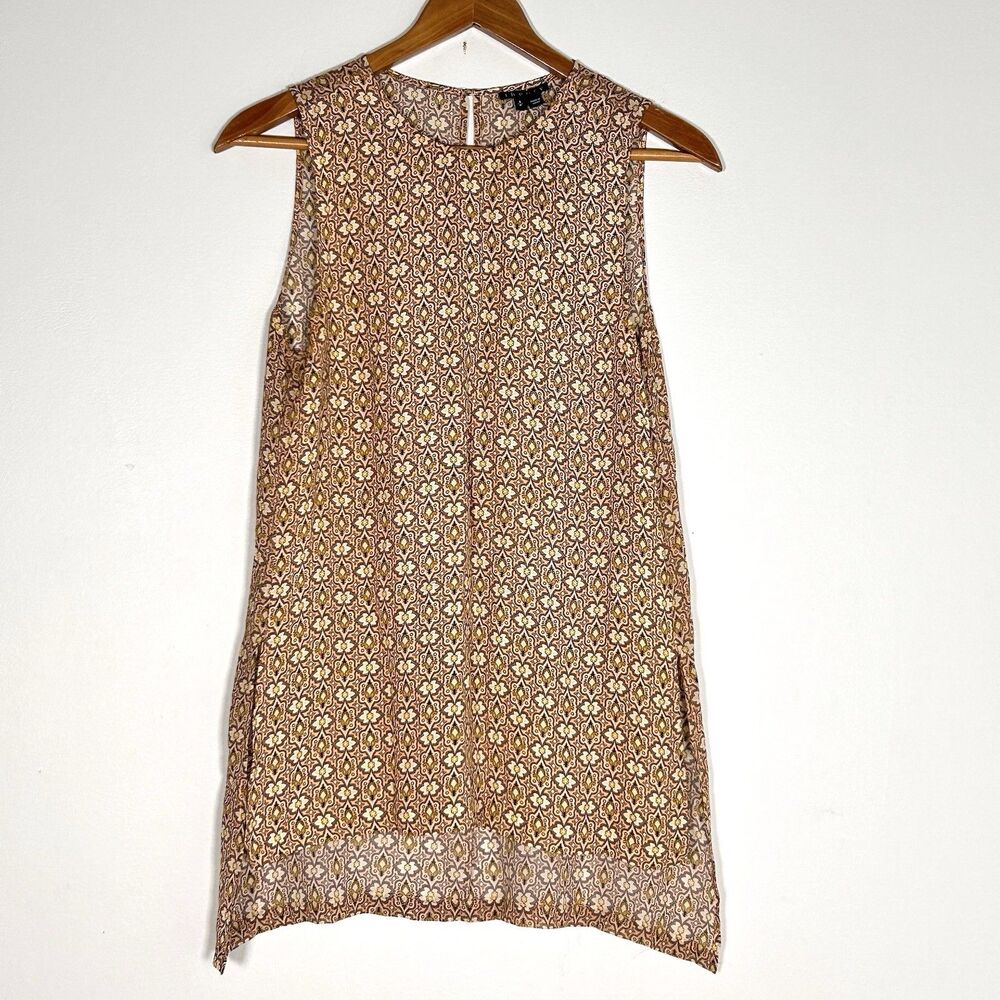 Theory Sharlia 100% Silk Sleeveless Blouse Tan Floral Print Hi-Low Hem Size S